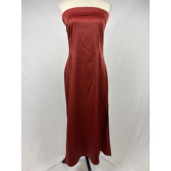 by Anthropologie Strapless Dress Orange Red Rust Satin Size Large Cowl Back - Picture 1 of 15